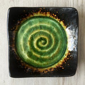 Pier 1 Stoneware HandPainted Green Swirl Candle Holder Trinket Dish 6"